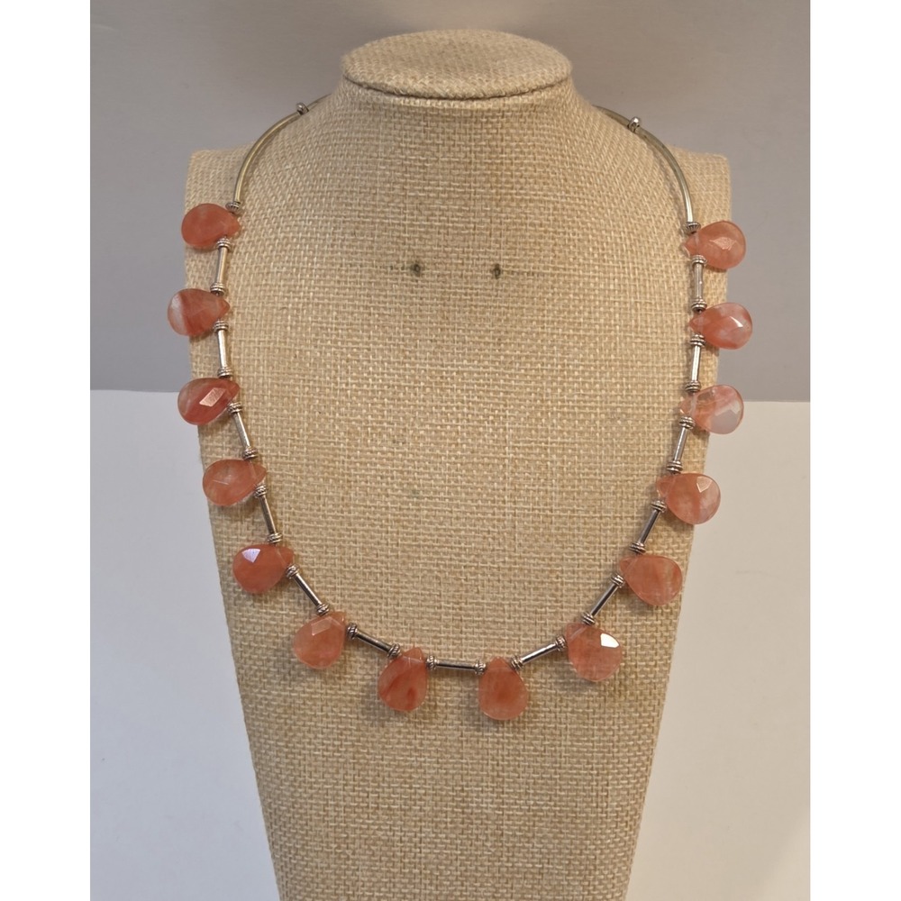 Unique Sterling Silver Rose‎ Quartz Spacer Statement Necklace 18" 925